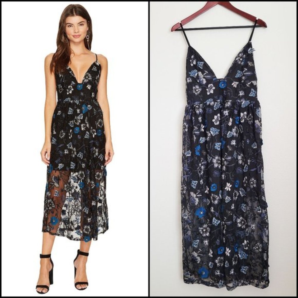 NWOT For Love & Lemons Botanic Midi Dress Black Blue White, Size Medium